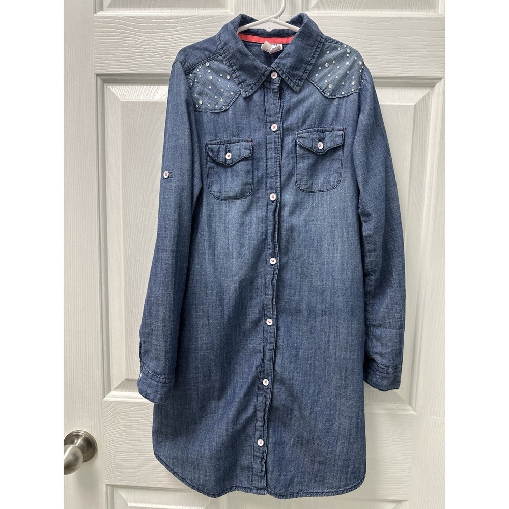 Girls Japna Kids Long Sleeve Denim Jean Dress Rhinestones Distressed Size 12